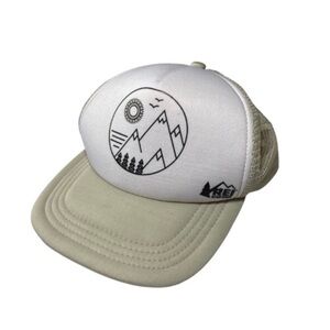 REI Snapback Tan Mountain Logo Unisex Hiking Outdoor Trucker Hat